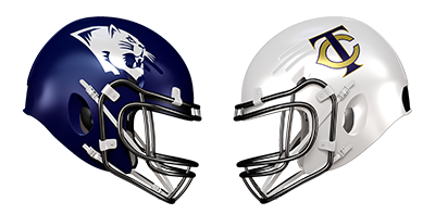 Football helmets with team logos facing each other, one navy blue with a panther logo and one white with a school logo, in a head-to-head stance.