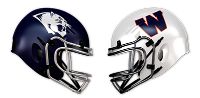 Photo of two football helmets facing each other, one navy blue with a panther logo and the other white with a 'W' logo, against a black background.
