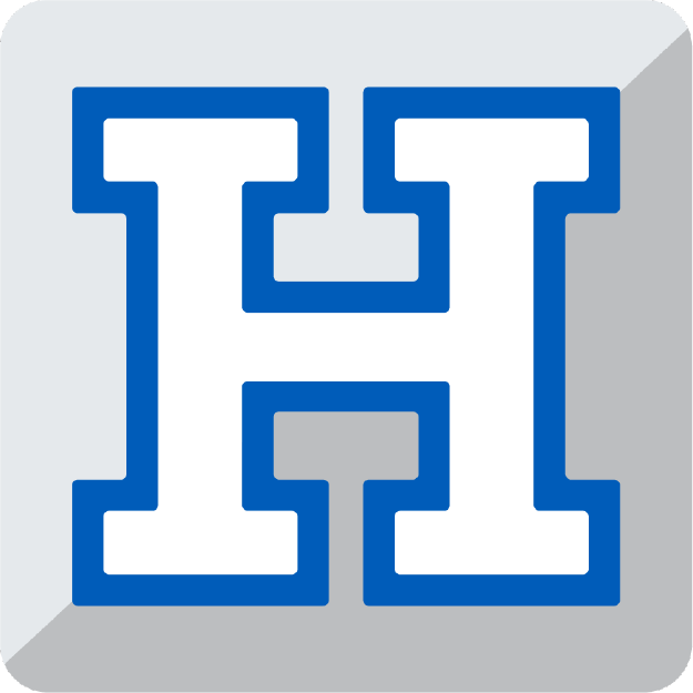 A stylized letter 'H' with a blue outline on a gray background.