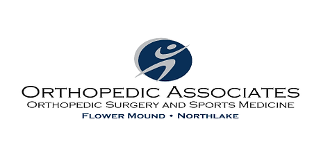 Logo for Orthopedic Associates, featuring a stylized human figure in motion with text indicating locations in Flower Mound and Northlake.