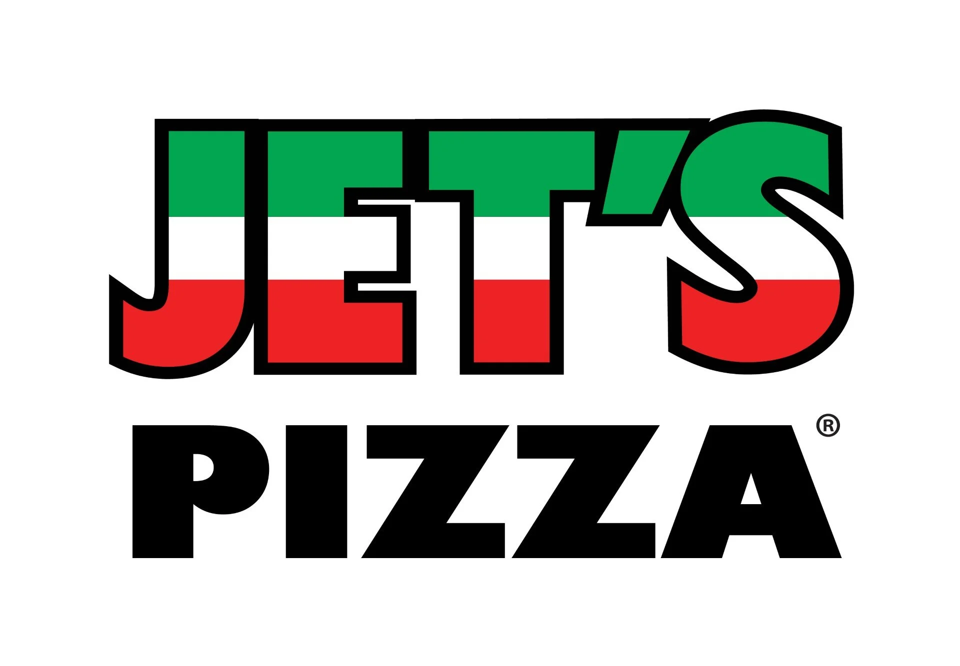 Jett's Pizza logo with green, white, and red stripes inside the text, and the word 'PIZZA' below in bold black letters.