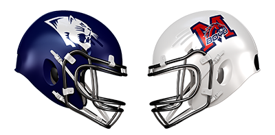 Two football helmets facing each other, one with a panther logo and the other with a logo that says 101 Bowl.