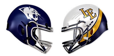 Two football helmets facing each other, one navy blue with a panther logo and the other white with gold and navy accents and the letters 'LE'.