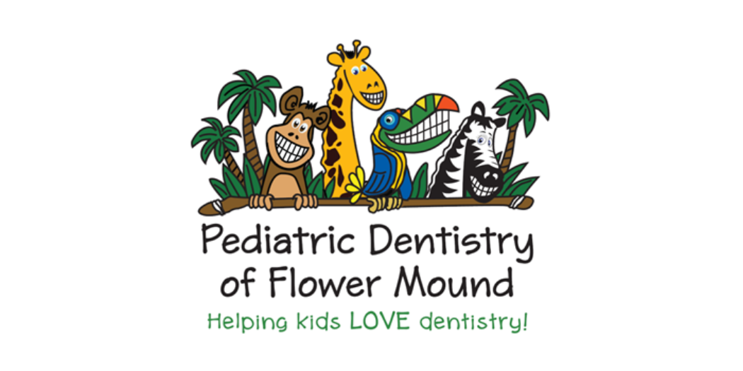 Logo for Pediatric Dentistry of Flower Mound featuring cartoon tropical animals and palm trees with text 'Helping Kids LOVE dentistry!'