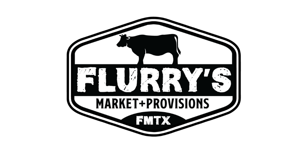 Black and white logo for 'Flurry's Market + Provisions' featuring a silhouette of a cow at the top of the emblem and the text 'FMTX' at the bottom.