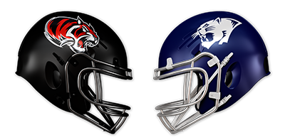 Close-up of two football helmets facing each other, one with a red and black panther logo and the other with a white and blue panther logo.