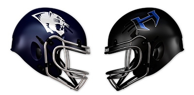 Side view of two football helmets facing each other. The helmet on the left is navy blue with a white panther logo, and the helmet on the right is black with a blue letter 'K' logo.
