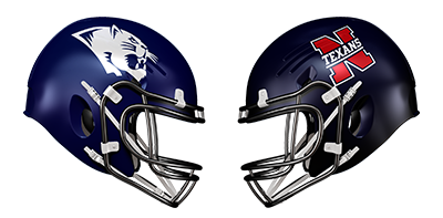 American football helmets facing each other, one with the Panthers logo and the other with the Texans logo.