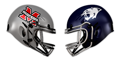 Two American football helmets, one with a Marcus Mariota logo and the other with a panther logo, facing each other on a black background.
