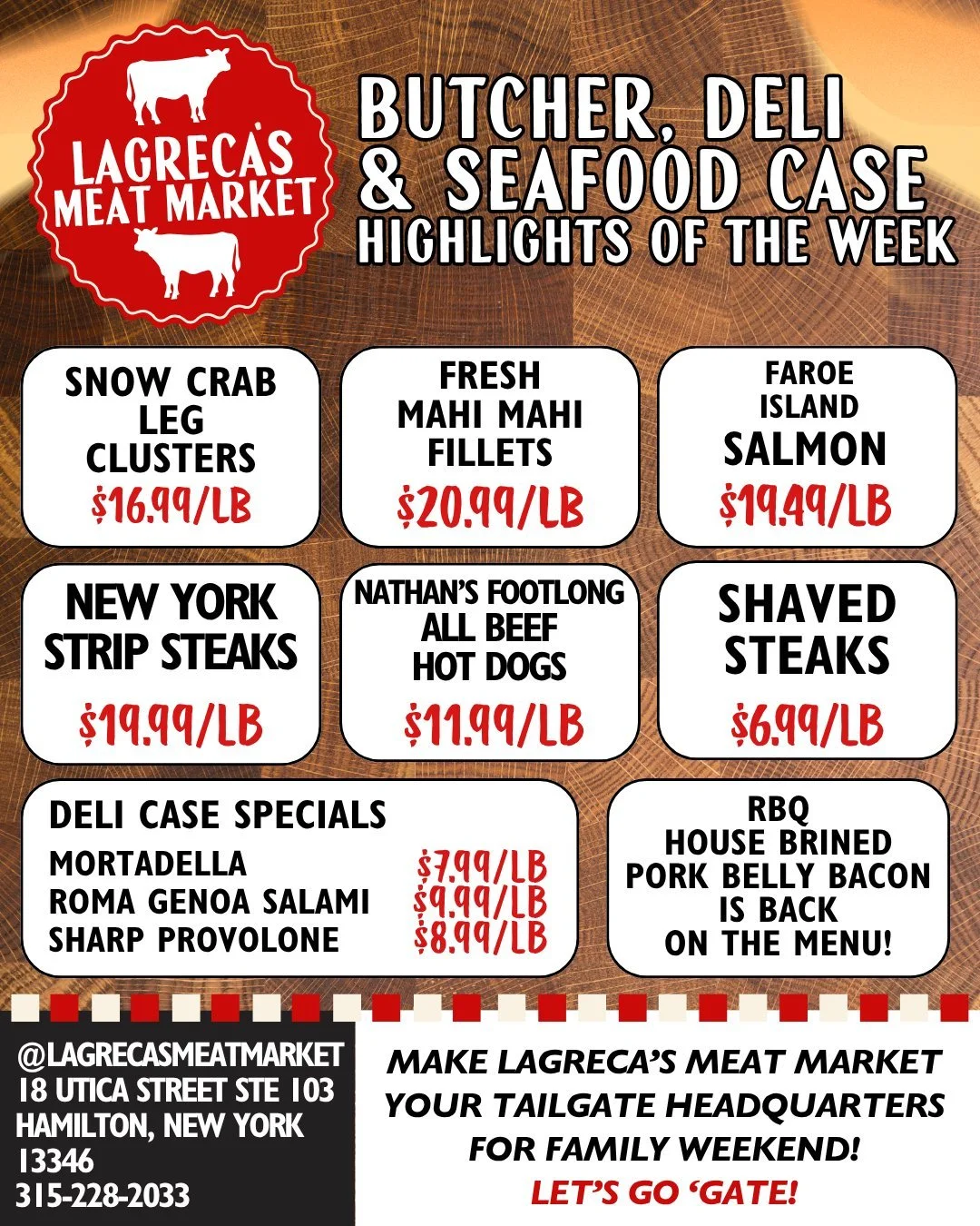 Get your hot dogs here!

🏈 Make LaGreca's Meat Market your tailgate headquarters for @colgateuniversity Family Weekend!

One of our favorite specials this week is Nathan's Famous Footlong All-Beef Hot Dogs.

PLUS

🥓 RBQ House Brined Pork Belly Baco
