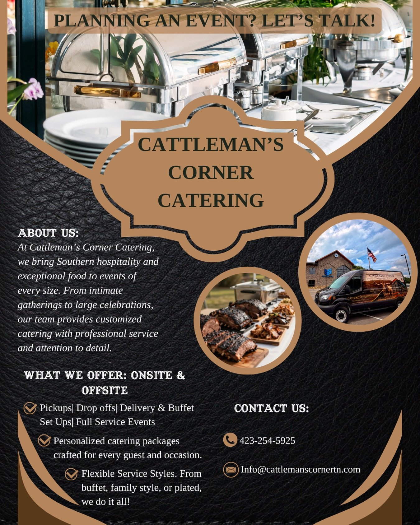 Planning an event? Let&rsquo;s talk!

From intimate gatherings to large celebrations, Cattleman&rsquo;s Corner Catering brings great food, Southern hospitality, and personalized service to every occasion.

Whether you need pickup, drop-off catering, 
