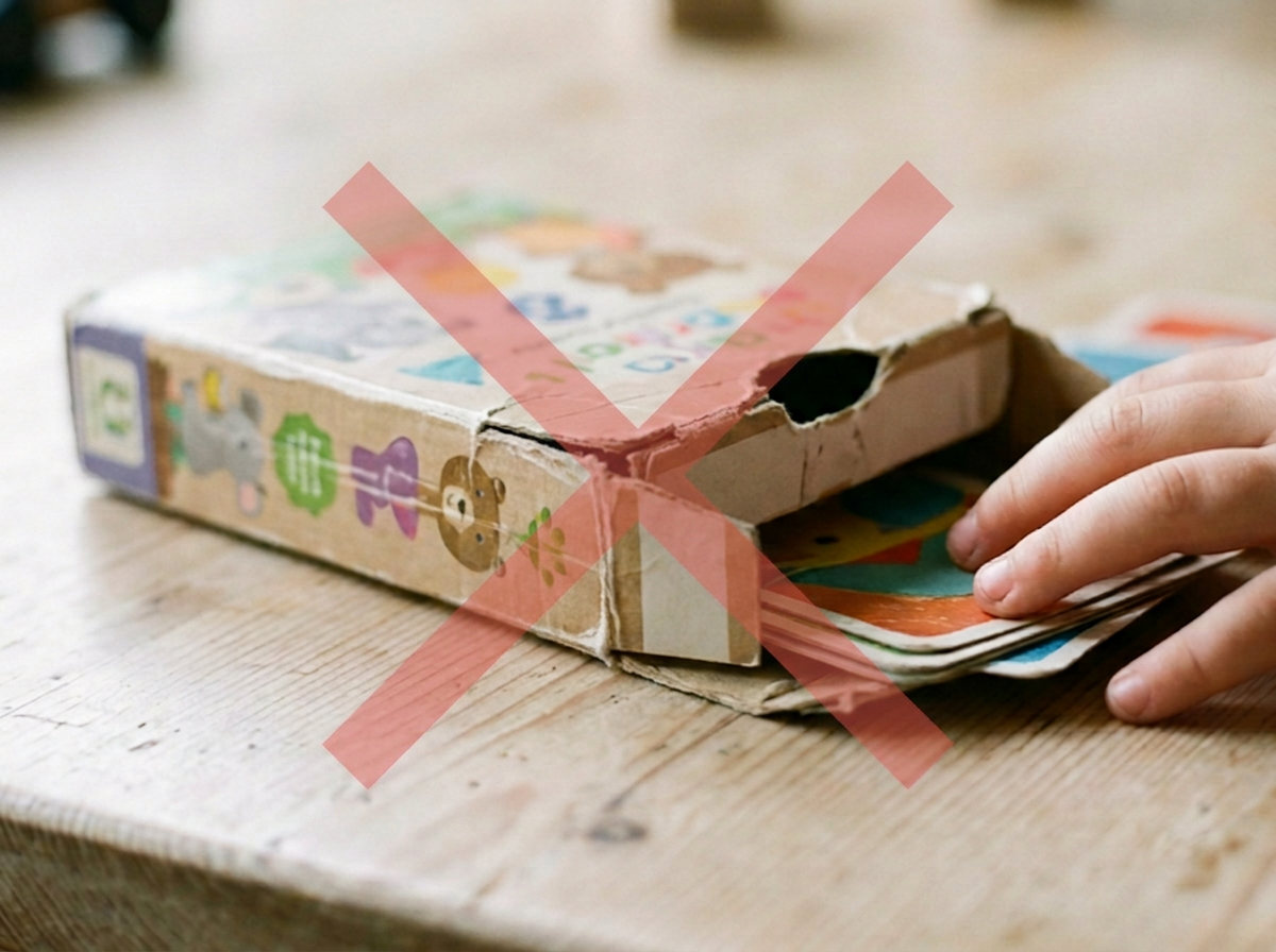 A worn cardboard box of children's stickers, with a child's hand turning the pages, and a red 'X' overlay.