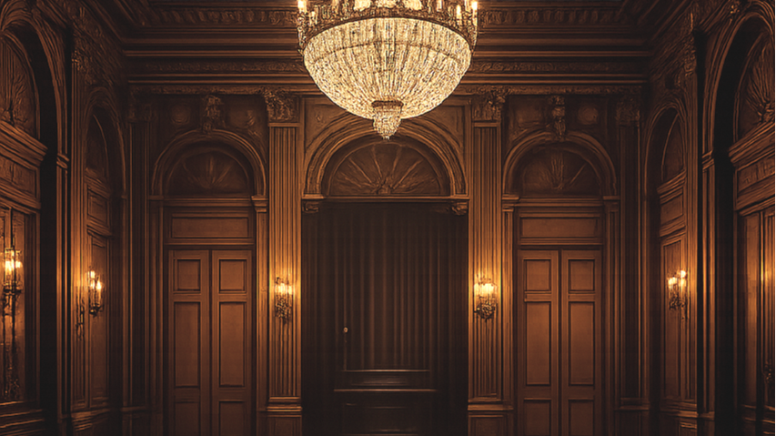 Salle de bal somptueuse avec un grand chandelier suspendu au plafond, murs en bois sombre ornés de moulures et appliques murales éclairant la pièce.