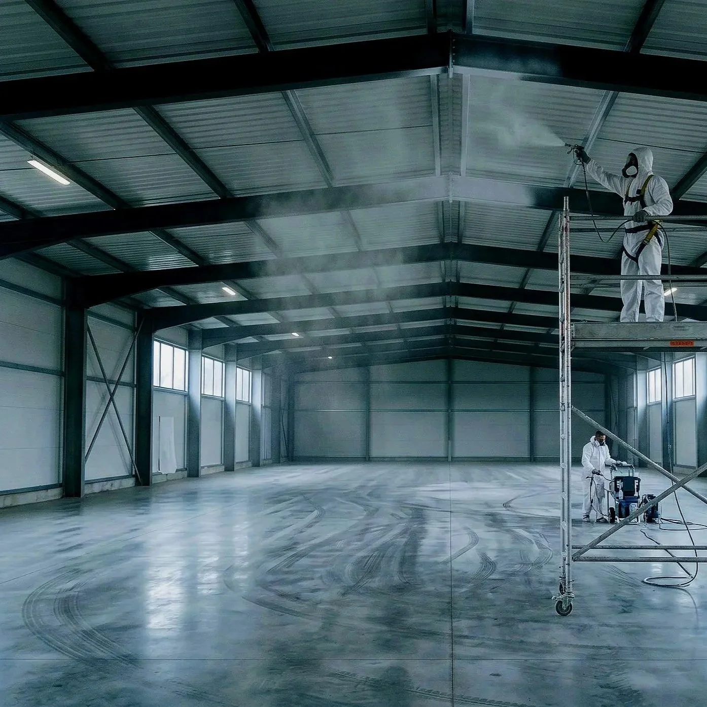 Two workers in protective suits spraying an empty warehouse, with one worker on a scaffold and the other on the ground.