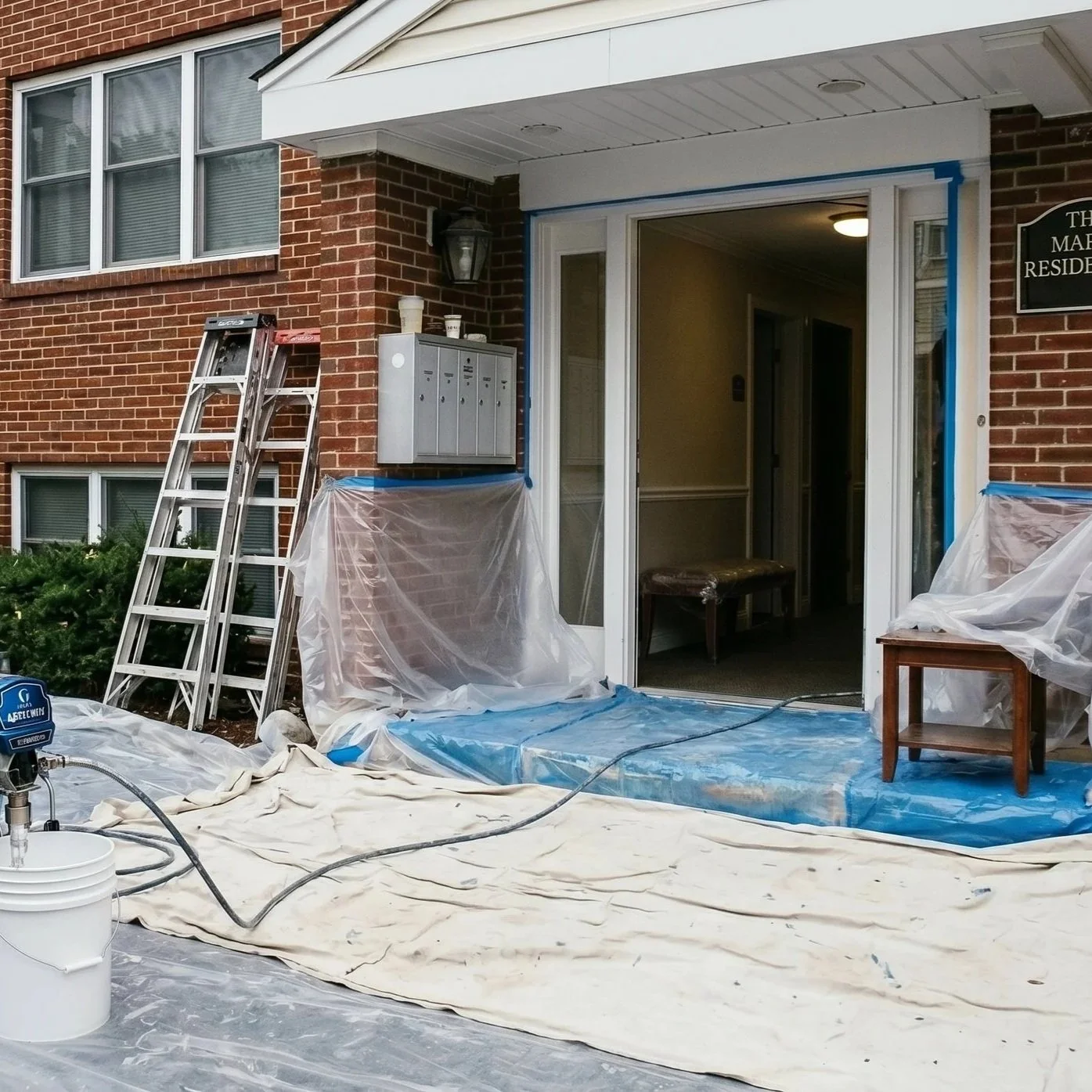 Painting work in progress outside an apartment building with plastic sheets, a ladder, a bench, and painting supplies.