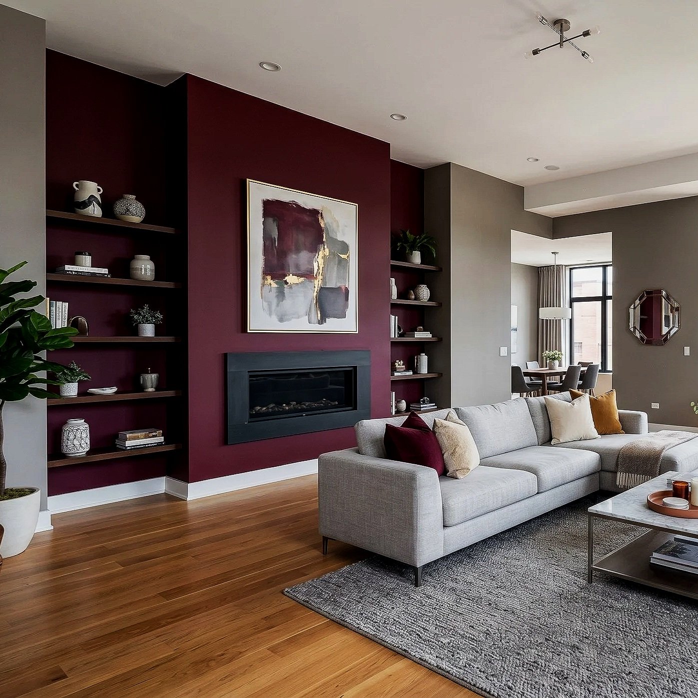 Living room with a gray sectional sofa, decorative pillows, a coffee table, a maroon accent wall, built-in shelves with decor, hardwood floors, and a view of a dining area in the background.