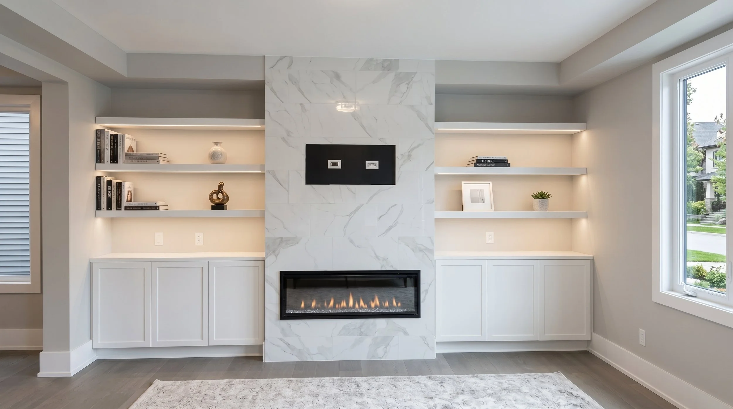 Living room with white built-in shelves, a marble fireplace, and large windows showing a suburban neighborhood outside.
