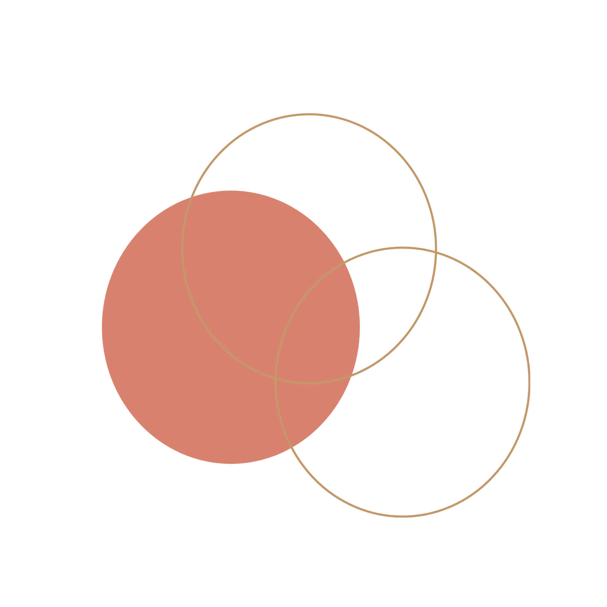 Abstract design with overlapping circles and arcs in shades of brown, tan, and rust on a black background.