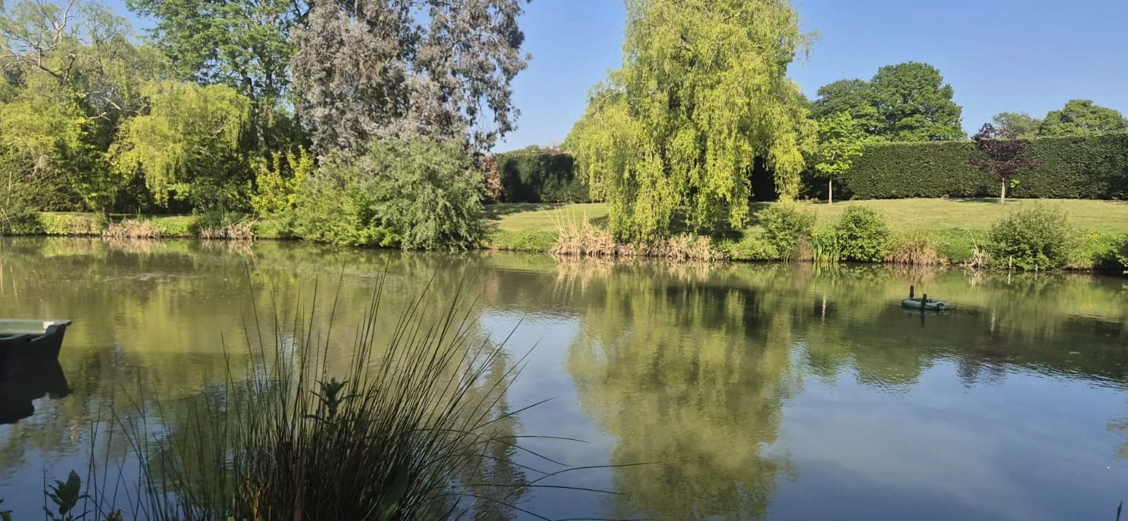 A peaceful riverside scene with lush green trees, including willow and other species, reflecting on calm water. Two small boats are floating on the river, and neatly trimmed grass and bushes surround the area under a clear blue sky.