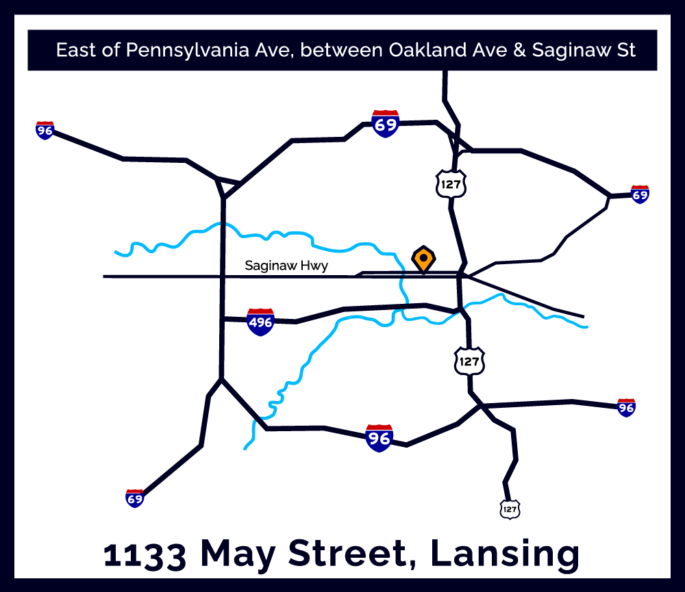 A map of Lansing, Michigan showing the address of Lansing Materials: 1133 May Street, Lansing