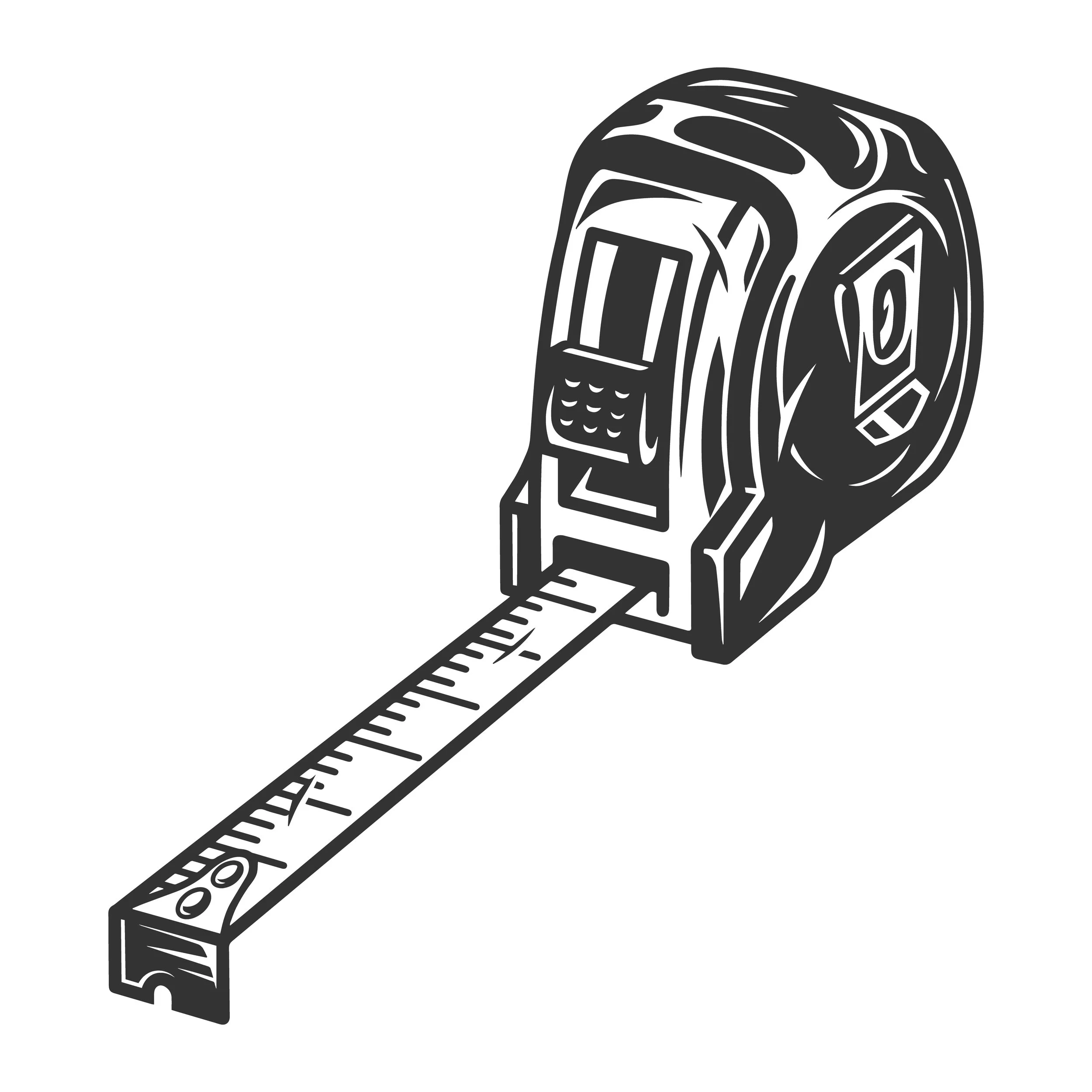 A line drawing of a tape measure with the tape extended a few inches