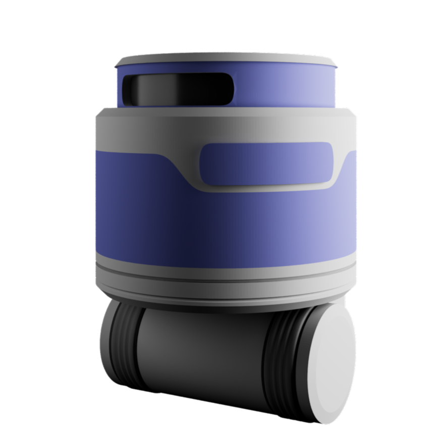 From the video game Verum Titan. A robotic vacuum cleaner called Romer with a blue and gray body and black wheels.