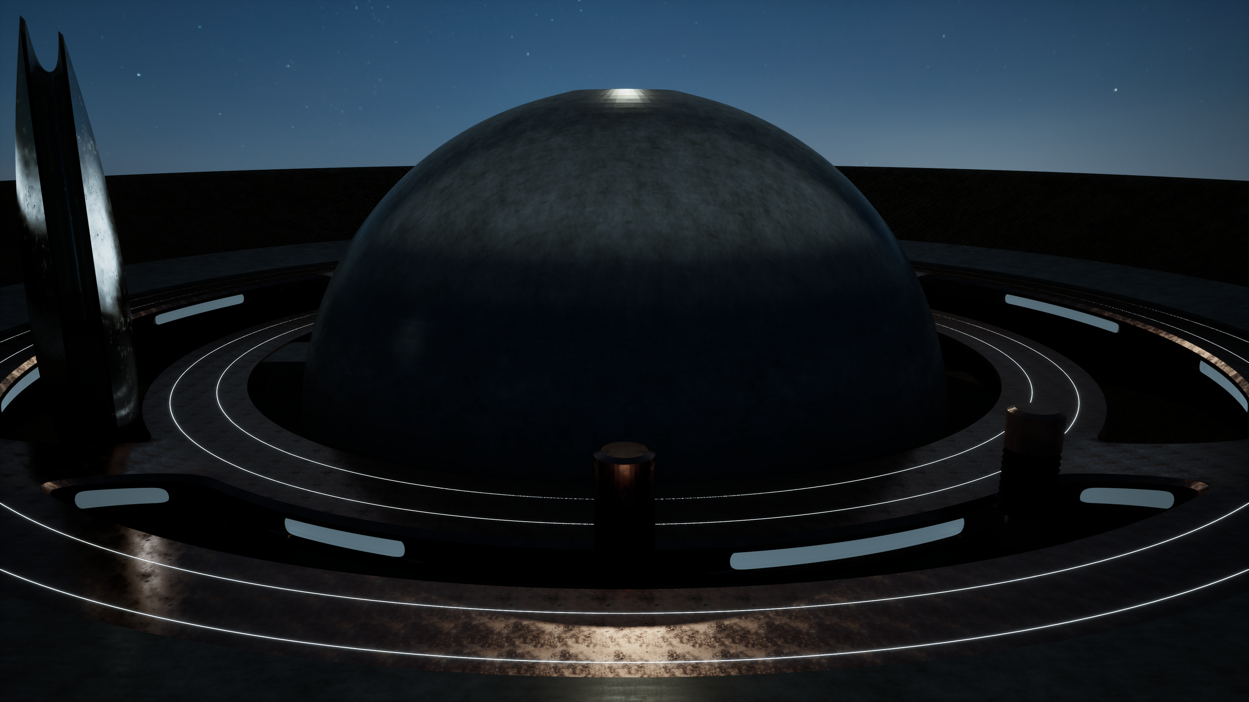 A futuristic domed structure with glowing circular patterns on the ground, surrounded by tall, sleek structures against a starry night sky. From the video game Verum Titan