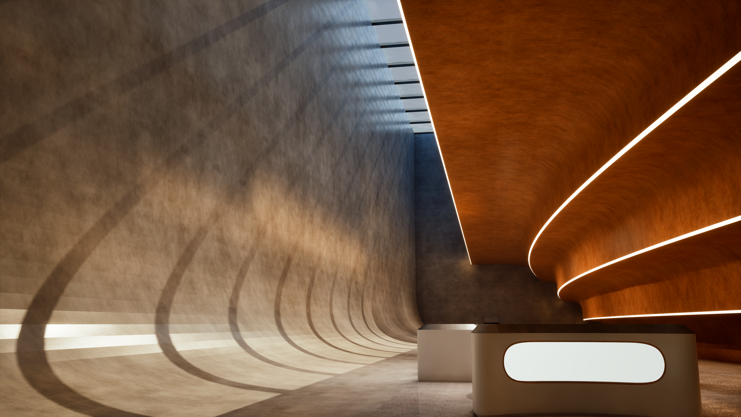 Interior view of a modern building with a curved wooden ceiling with built-in lighting, a textured wall with shadow patterns, and glass railing along the corridor. From the video game Verum Titan.