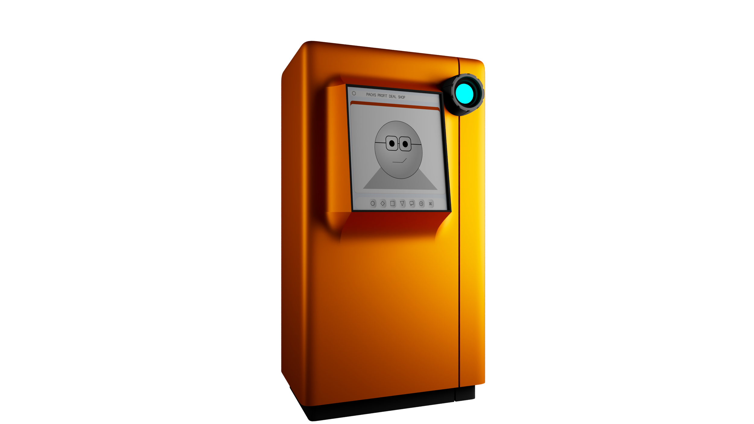 Orange vending machine with a digital screen and a blue scanner, set against a black background.