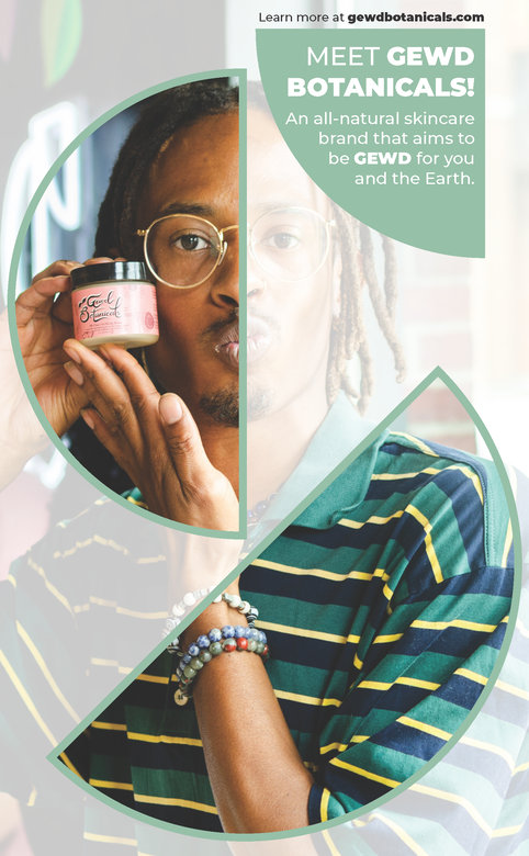 Promotional image for GEWD Botanicals featuring a person holding a pink skincare product jar. The text highlights the brand's focus on all-natural skincare and environmental consciousness, with a website link at the top.