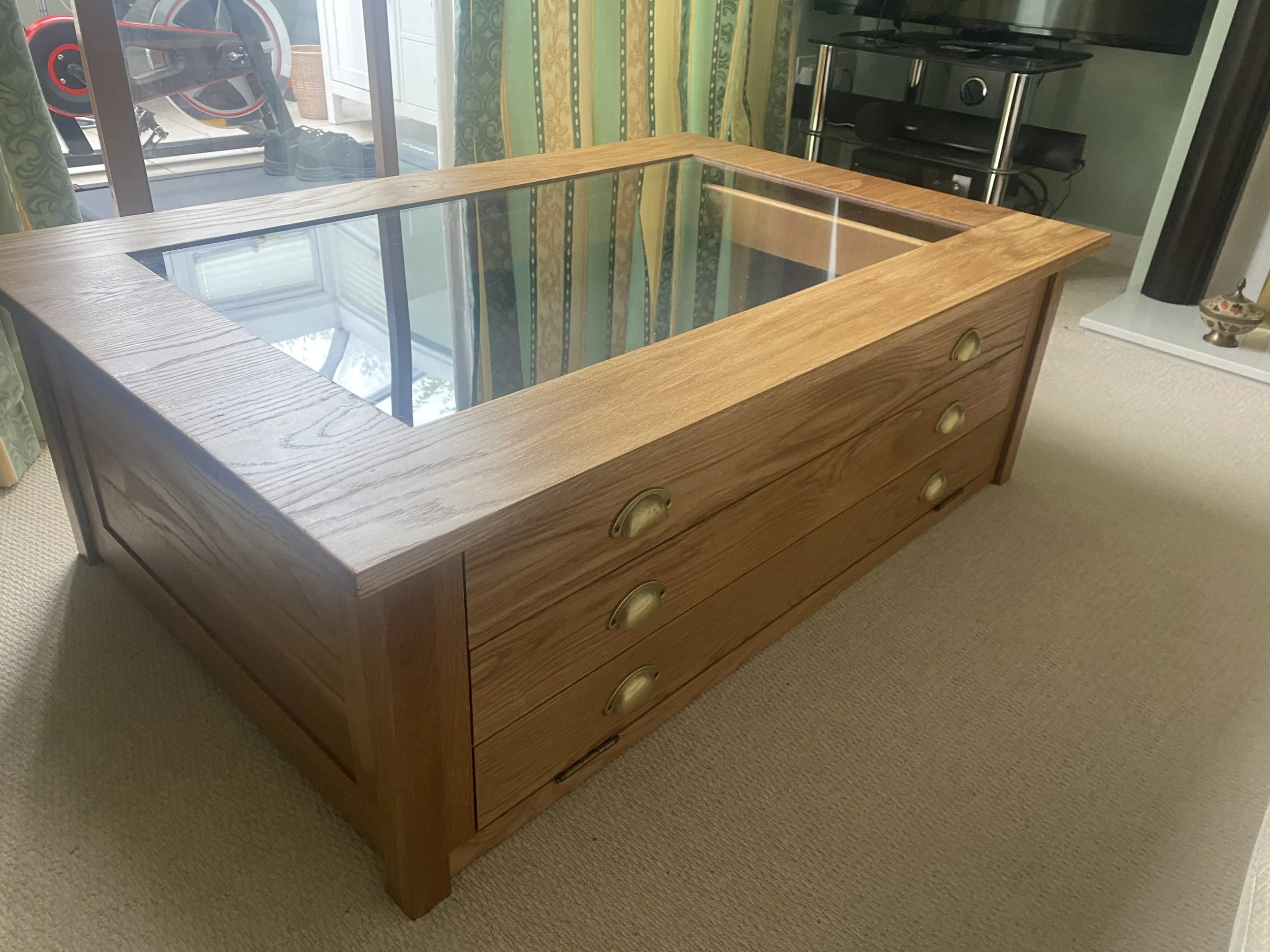 Oak display coffee table in the style of an architects plan chest