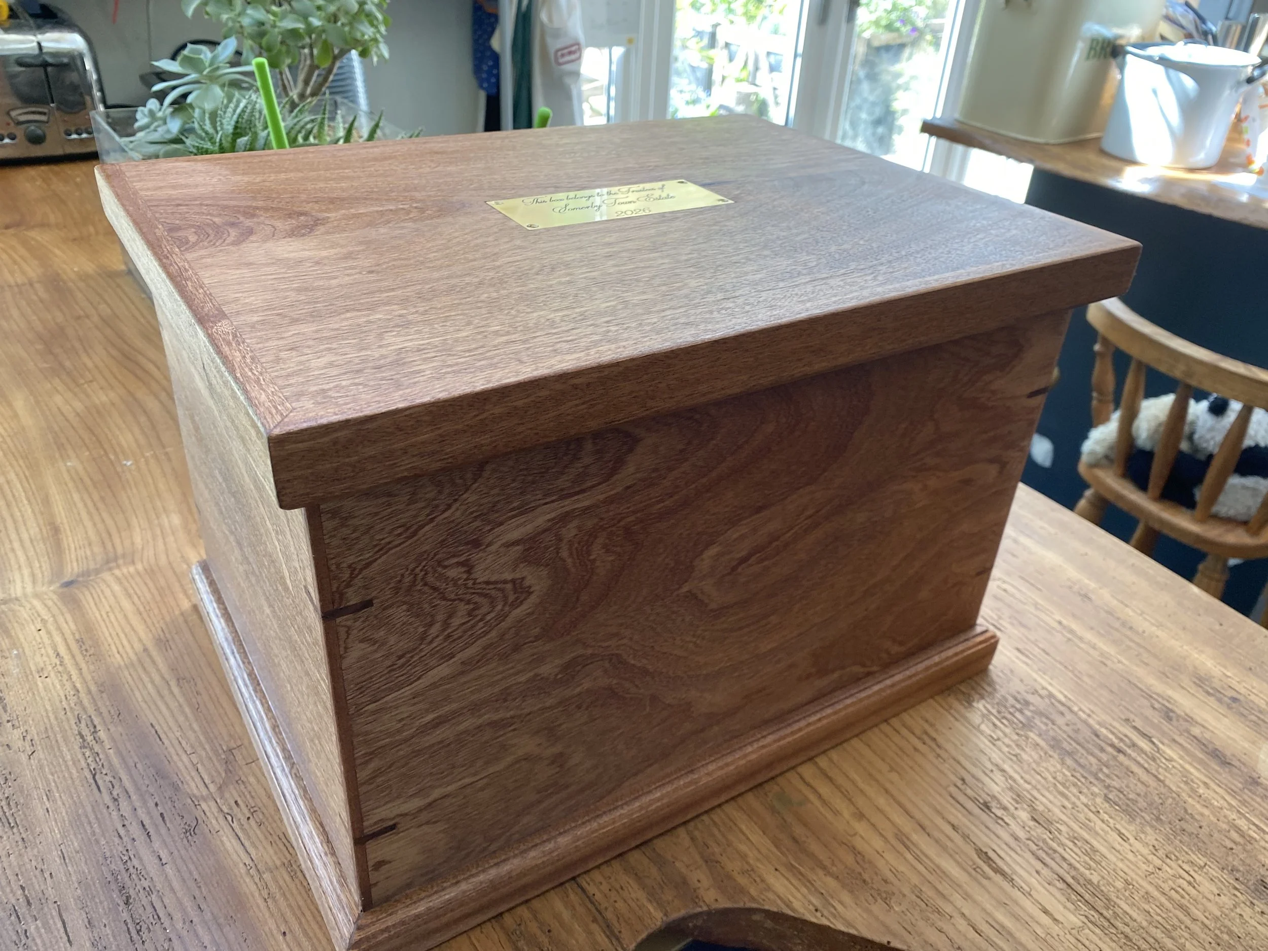 Sapele archive box with inset brass plaque