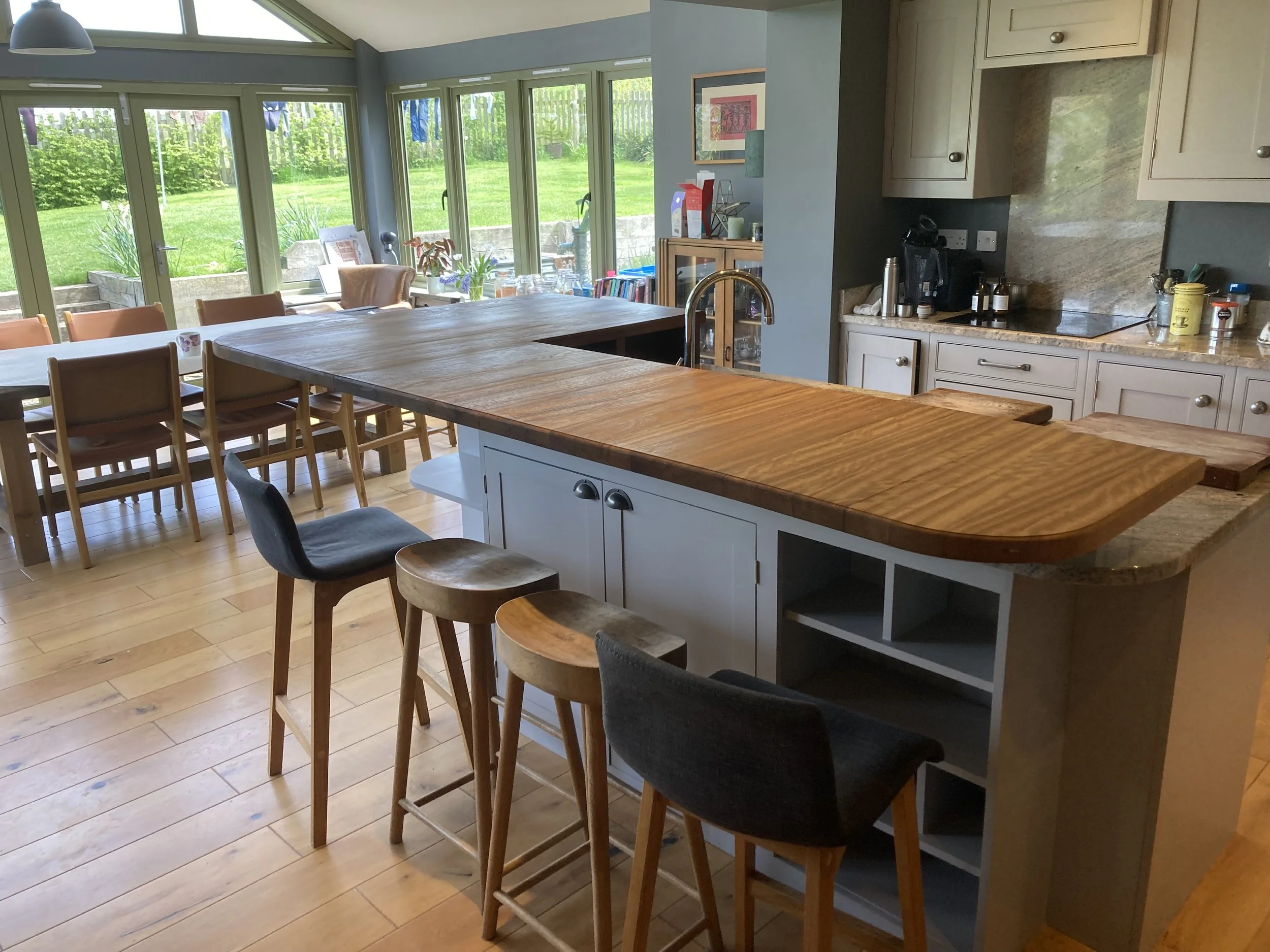 Kitchen island extension in iroko with under counter storage