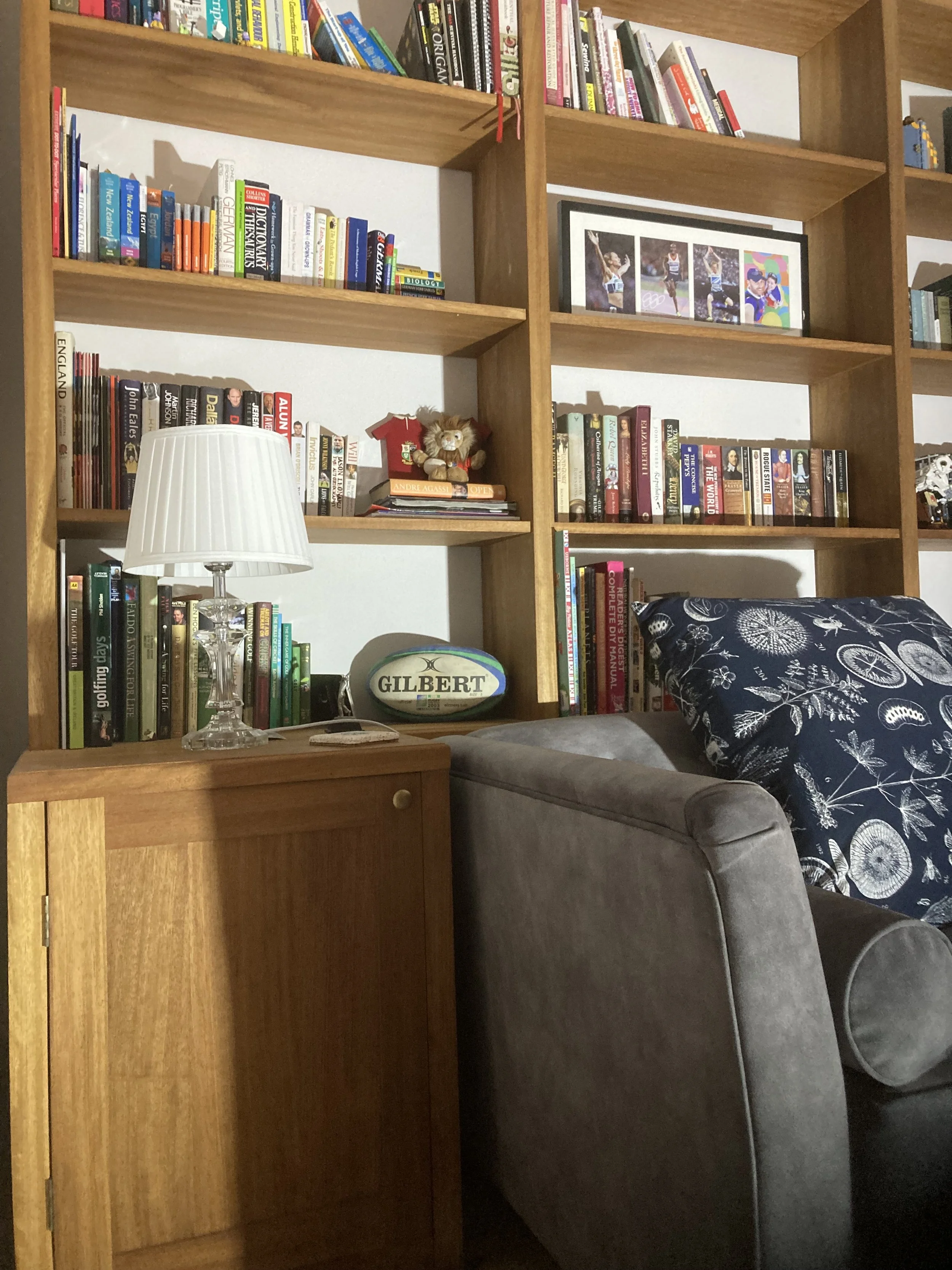 Iroko bookshelf with side storage cupboard, ideal as side table for sofa bed