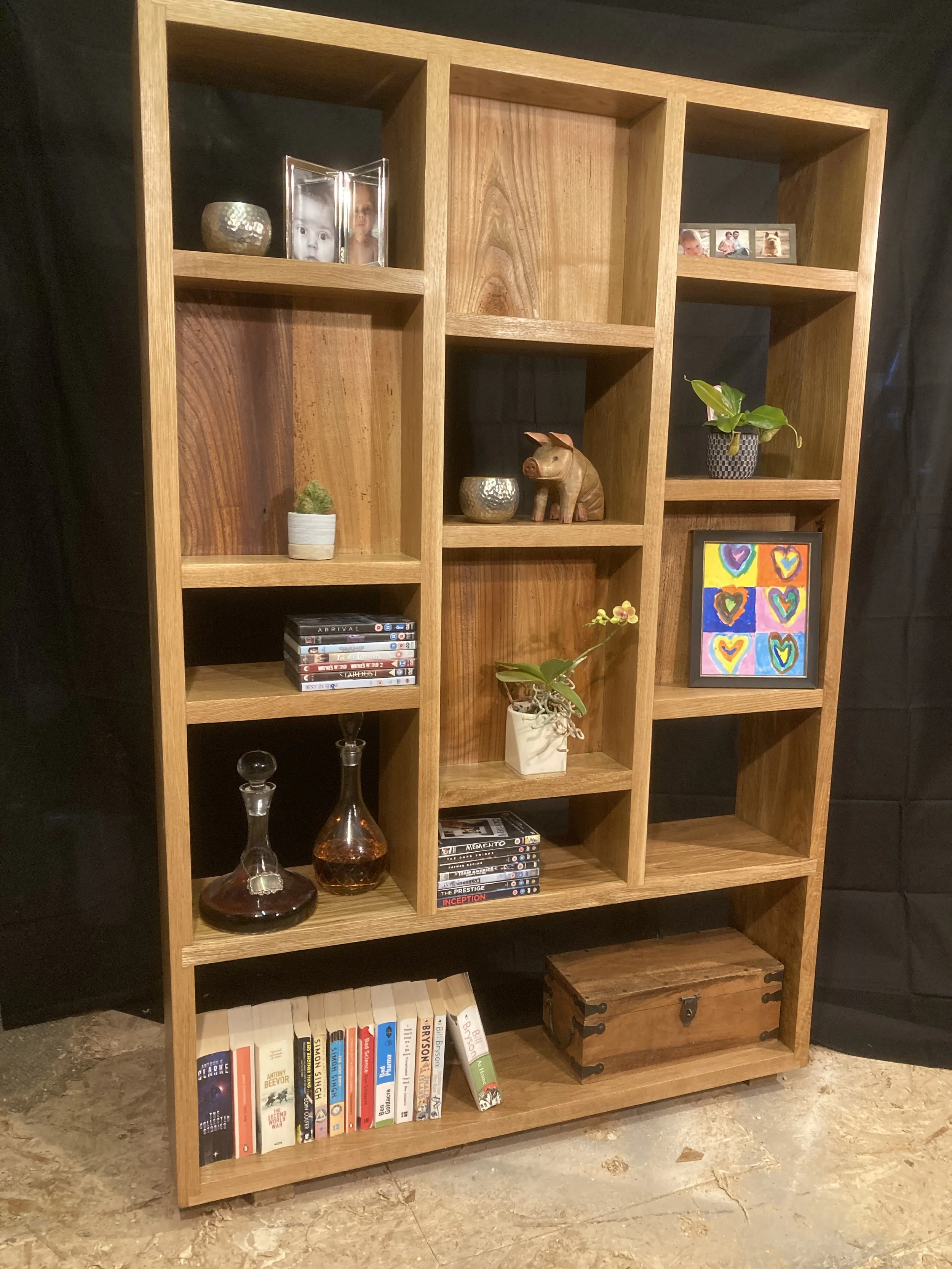 Double sided room divider book case in oak and elm