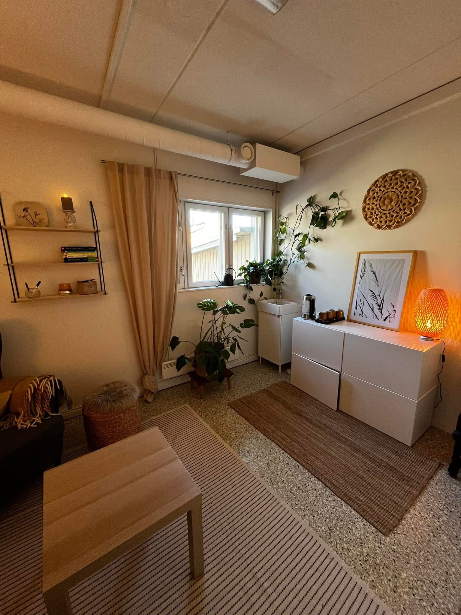Sisustuskuva sisältää ikkuna, verhot, erilaisia kasveja, hyllyn seinällä, pöytälamppu, taulut, kiviä sisältävä matto, suuret avohyllyt ja pieni pöytä.