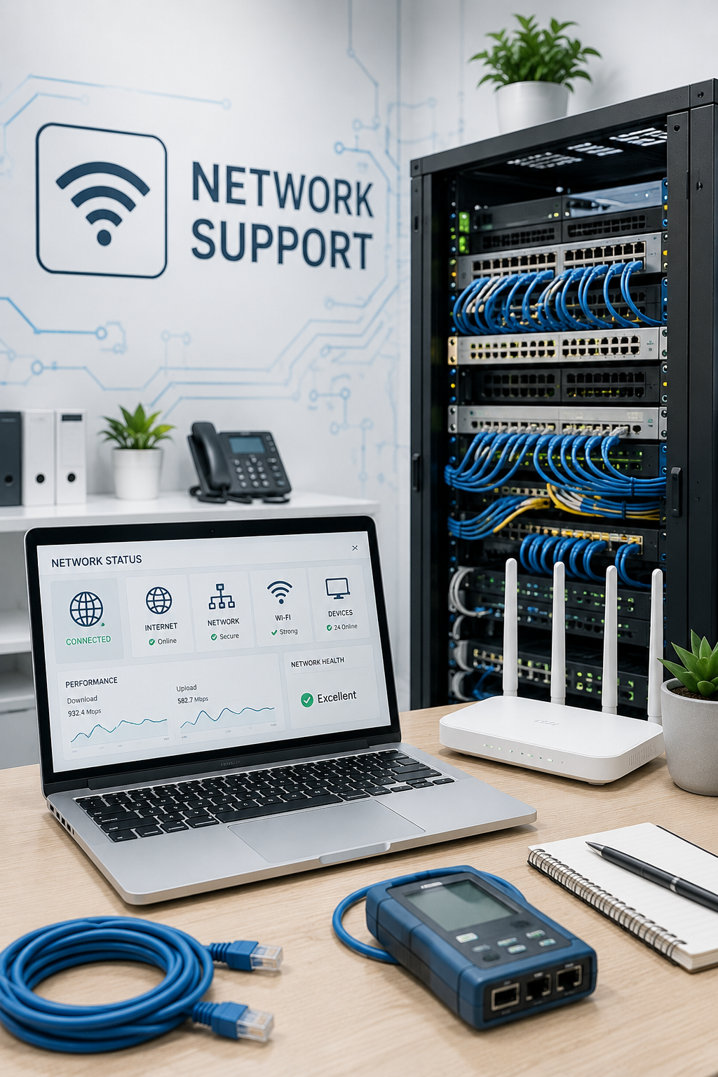 A network support office with a server rack, a laptop displaying network status, a router, a network tester, a notepad with a pen, and plants.