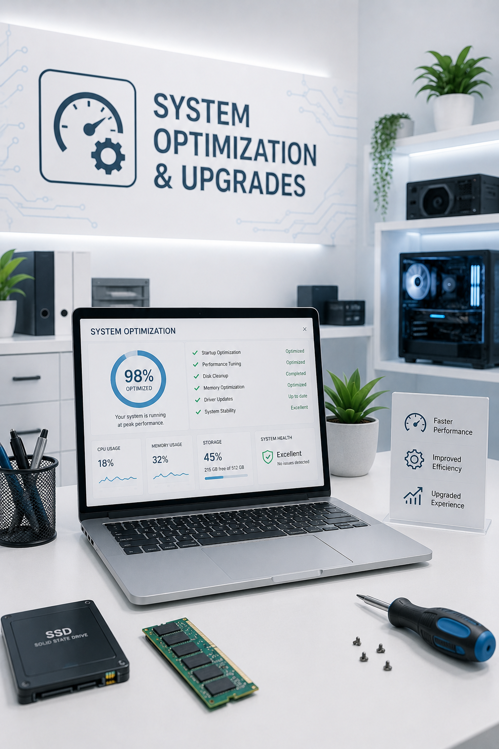 Computer screen showing system optimization status in a tech workspace with SSD and RAM modules on the table.