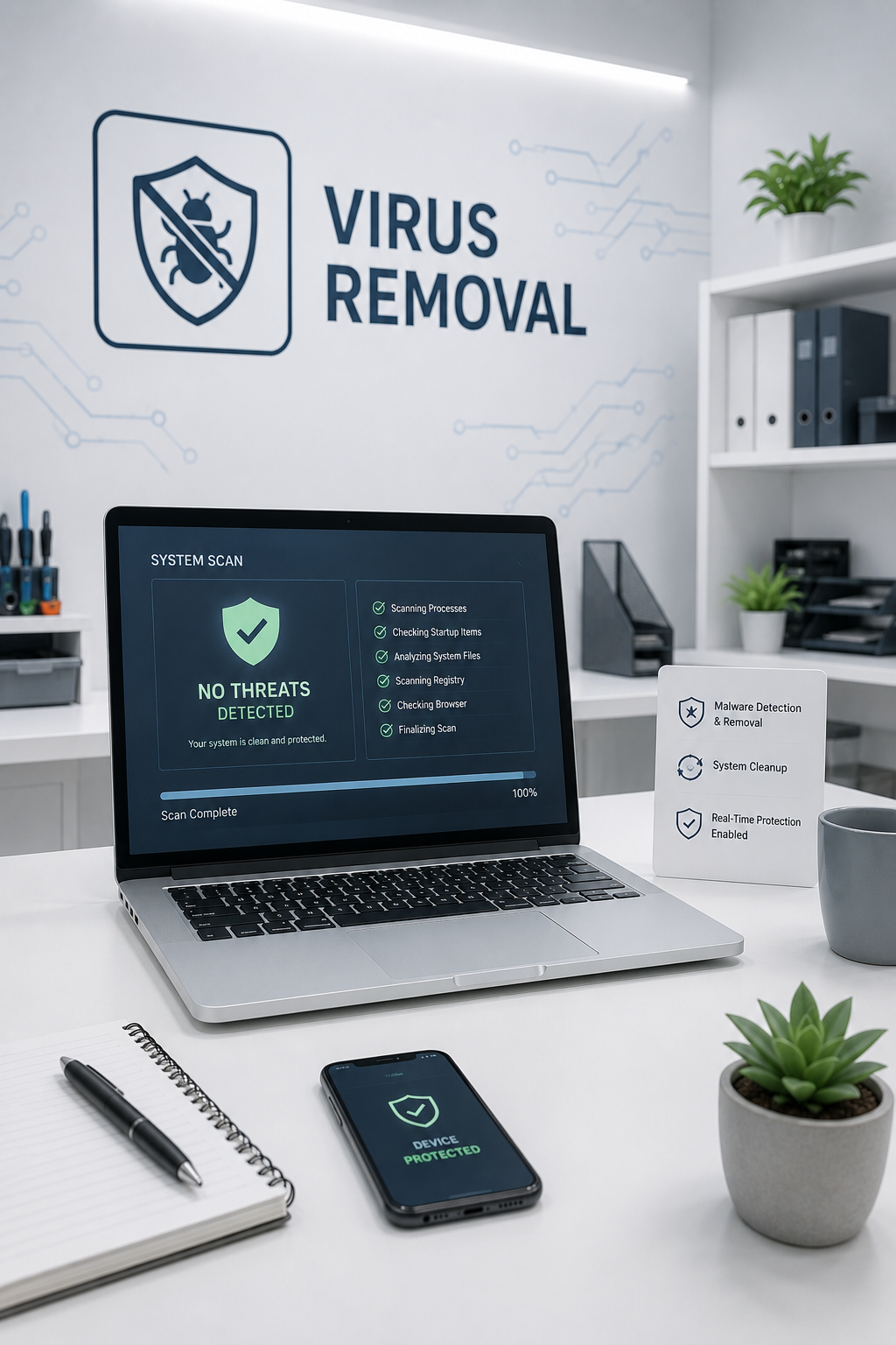 A computer desk with a laptop displaying a system scan report indicating no threats detected, a smartphone showing device protected, and a desk sign listing malware detection and removal, system cleanup, and real-time protection. In the background, a wall reads 'Virus Removal' with a shield and bug icon, and the office has organized shelves, plants, and office supplies.