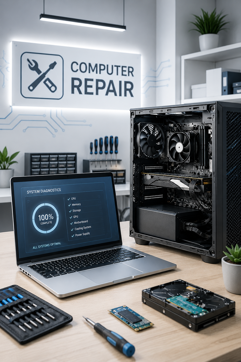 A computer repair shop with a sign reading 'Computer Repair'. On the table, there is a partially disassembled desktop computer, a laptop displaying system diagnostics, a hard drive, a small circuit board, a screwdriver, and a toolkit with screwdrivers. The background shows shelves with containers and a potted plant.