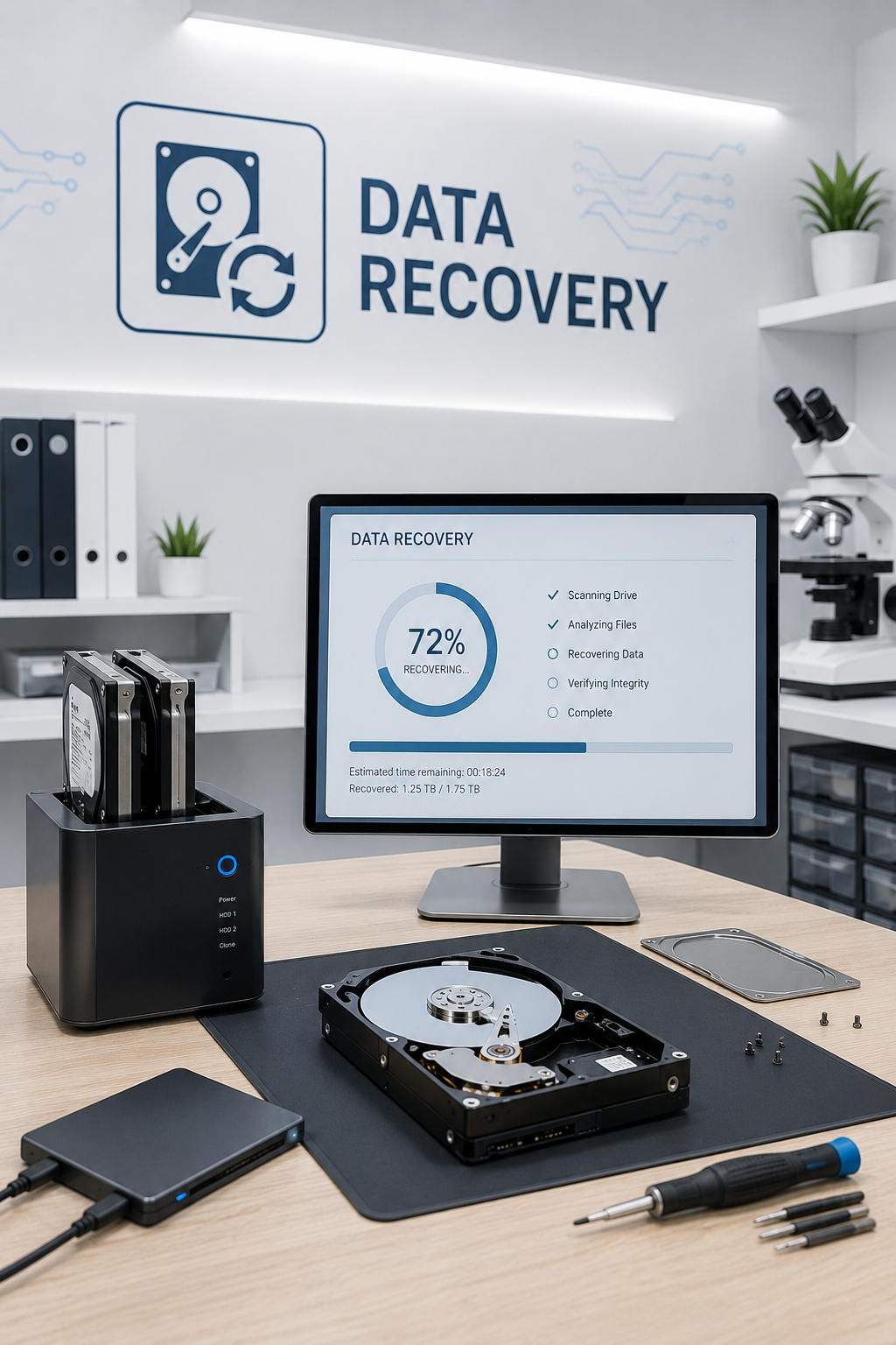Computer monitor showing data recovery progress with a hard drive disassembled on the desk, in a tech lab with a 'Data Recovery' sign on the wall.