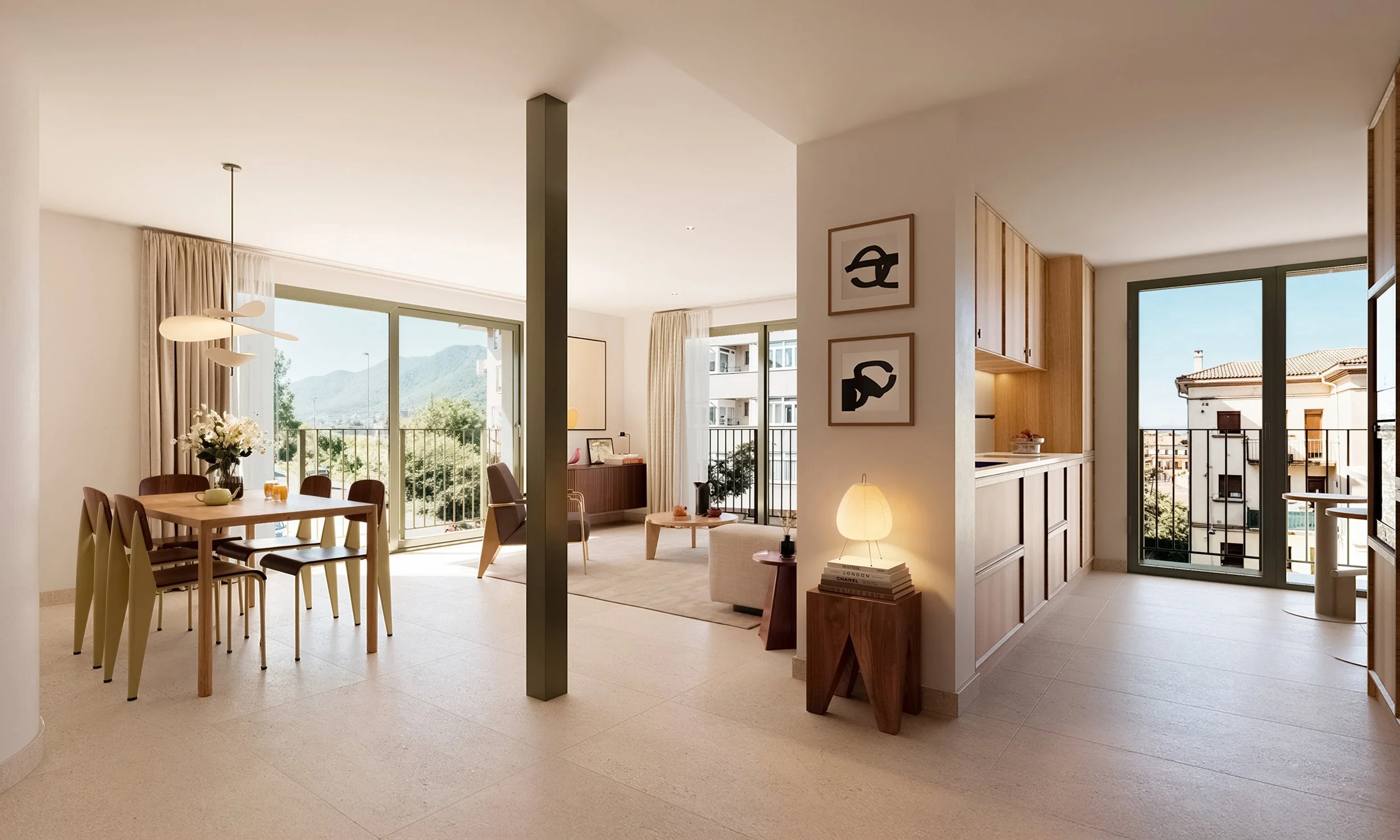 Interior moderno de apartamento con área de comedor y sala de estar, grandes ventanas con vistas a las montañas y edificios, decoración minimalista con flores, cuadros abstractos y lámparas de luz cálida.