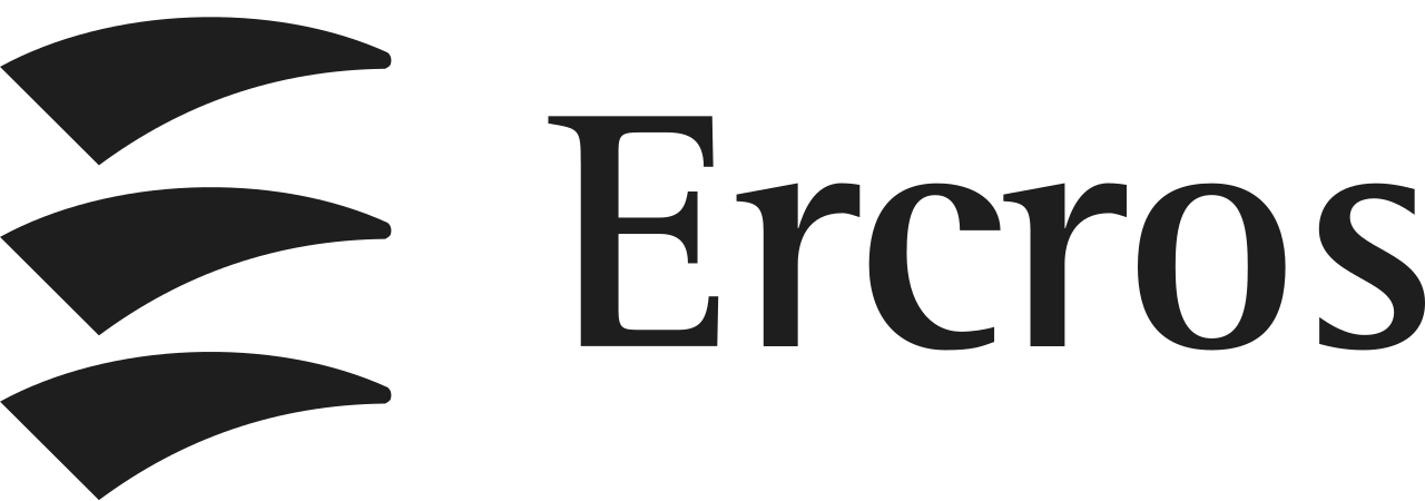 Logotipo de 'Ercros' en color negro con un diseño abstracto de formas curvas a la izquierda del texto.