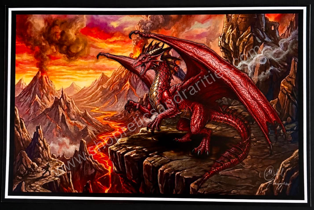A detailed painting of a red dragon perched on rocky terrain in a volcanic landscape with erupting volcanoes and flowing lava at sunset or sunrise.