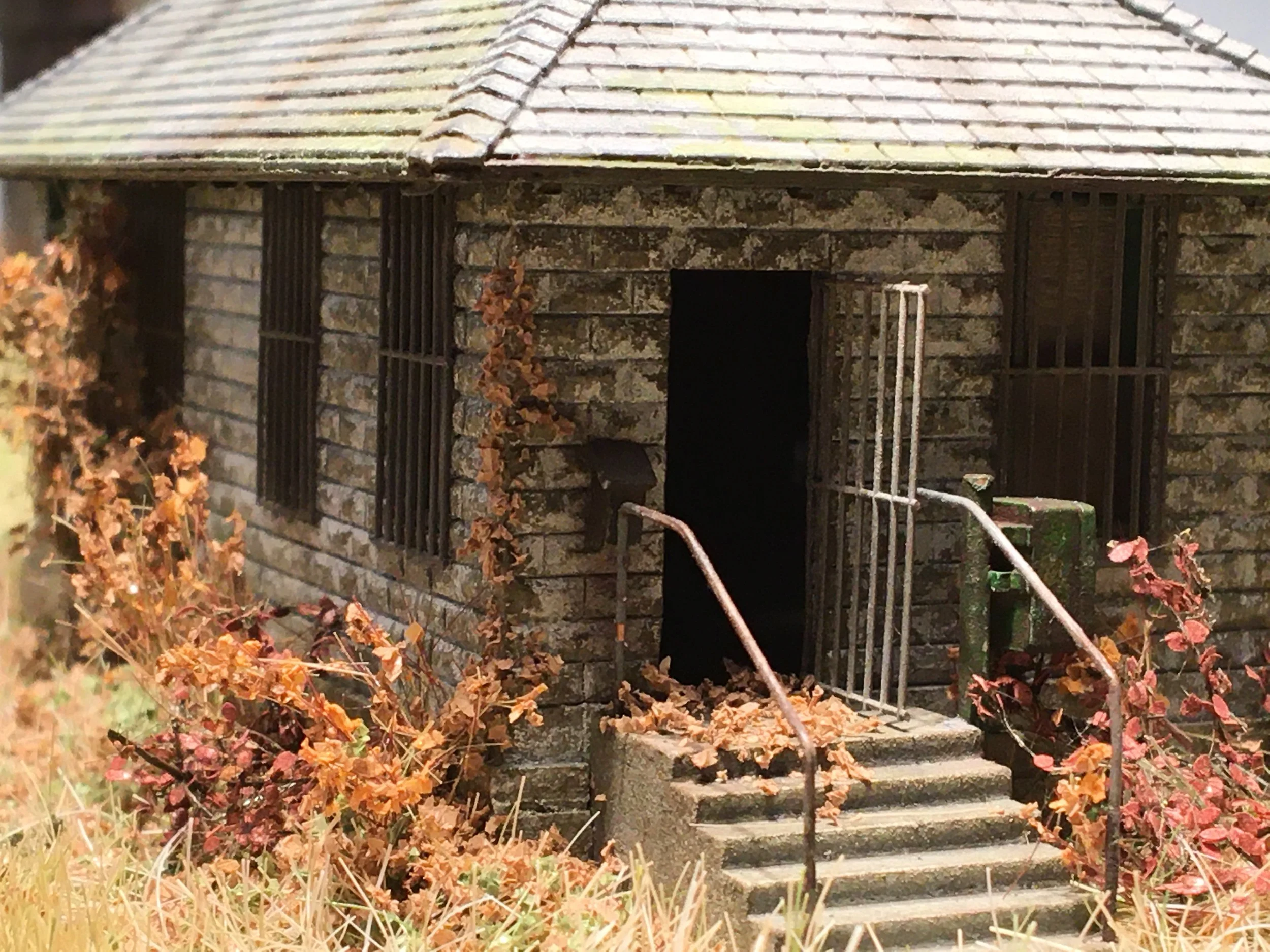 A small stone house with a shingled roof, barred windows, and a narrow set of stone steps leading up to the entrance. There are dry leaves and bushes in the foreground.