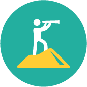 A teal circular icon with aa guy looking through a telescope representing the Scholarship & Internship Opportunities SVS provides for youth