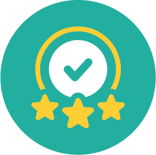 A teal circular icon featuring a white checkmark emblem, a yellow arch, and three yellow stars, representing academic excellence and achievement.