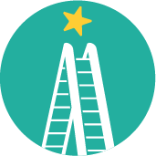 A teal circular icon with a white ladder and a yellow star on top, representing the academic support SVS provides for youth.