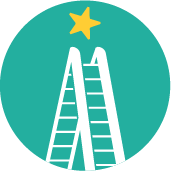 A teal circular icon featuring a white step ladder pointing upward toward a yellow star for the Shaw Visionary Scholars program.