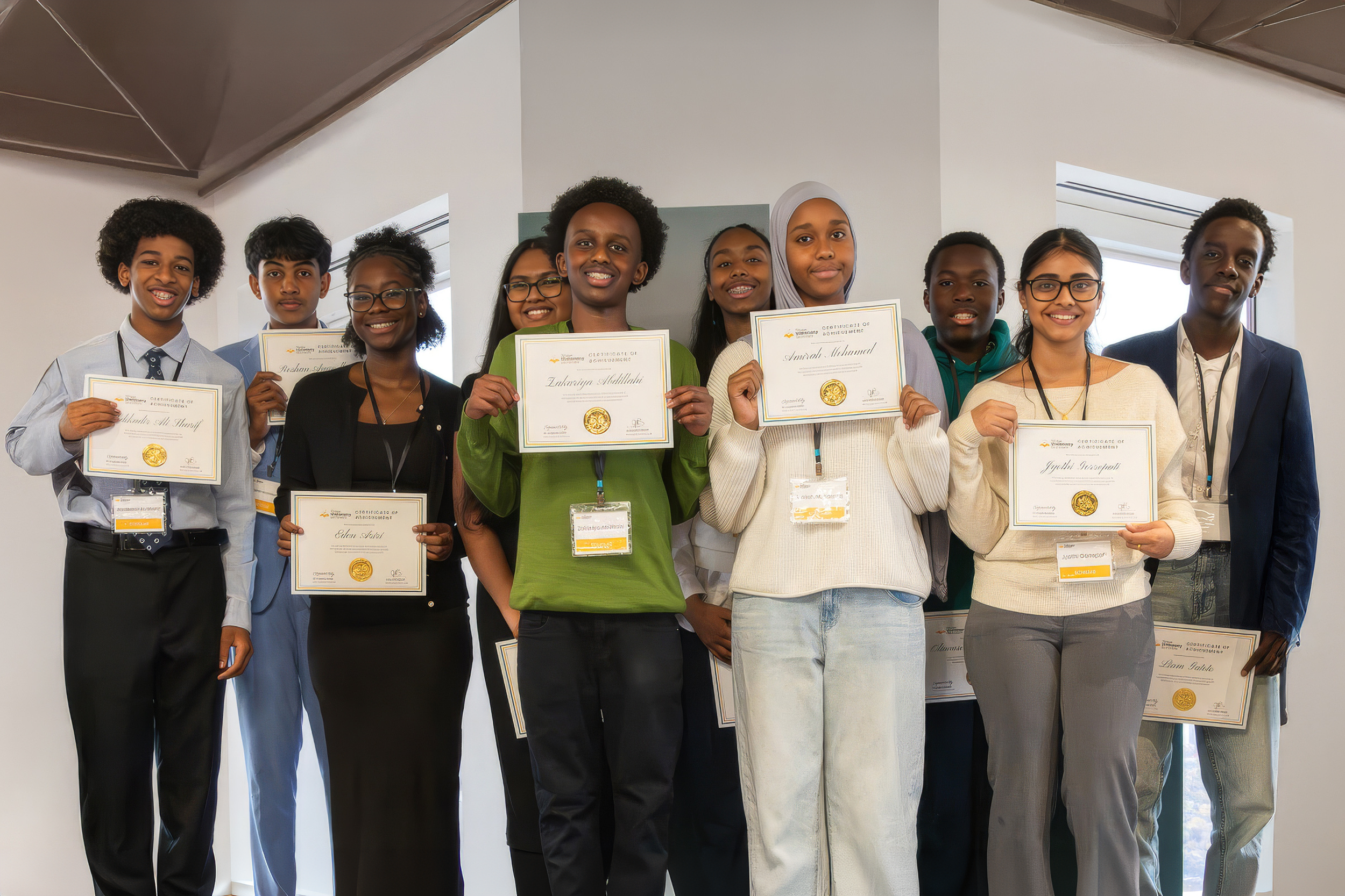 Group of diverse young students holding certificates, smiling, dressed in business casual, standing in a bright indoor space.